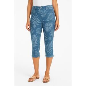 Chicos Blue Palm Print Denim Capris Capri Pants Sz 8 /Chico’s Sz 1